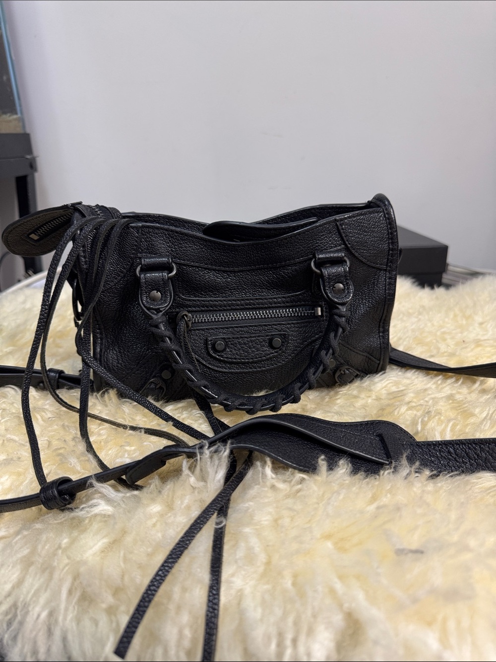 Balenciaga Black Leather Mini Crossbody with Braided Trim